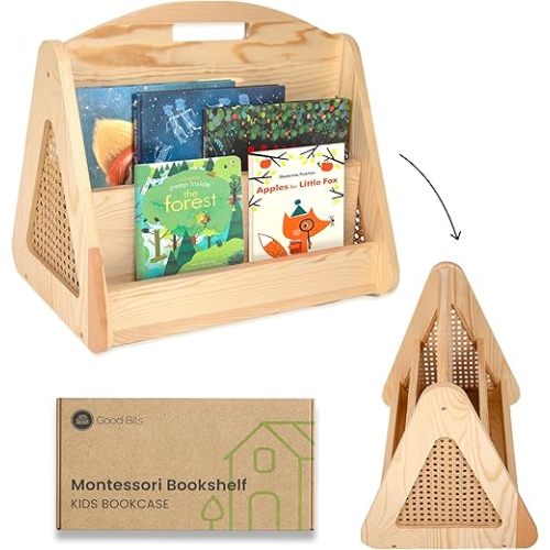 Double-Sided Montessori Bookshelf for Kids, Rattan Book Shelf for Kids Rooms, Nursery Book Shelves, Kids Bookcase
