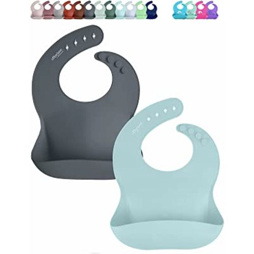 otterlove Silicone Baby Bibs with No Fillers, Wide Food Catching Pocket, Mint and Smoke, Pack of 2