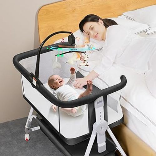 Baby Bassinet Bedside Crib, 3 in 1 Baby Bassinet Bedside Sleeper with Musical Toy, Adjustable Portable Crib All Mesh Bedside Bassinet with Storage Basket, Black