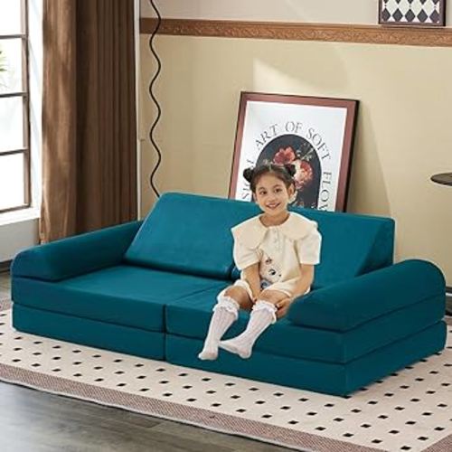 jela Kids Couch Large, Floor Sofa Modular Funiture for Kids Adults, Playhouse Play Set for Toddlers Babies, Modular Foam Play Couch Indoor Outdoor (56.7"x28.3"x17.3", Lake)