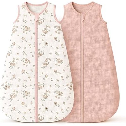 Konssy Muslin Baby Sleep Sack 0.7 TOG, 2pack 100% Cotton Double Layer Wearable Blanket for Babies 6–12 Months, Breathable Sleeping Bag Newborn Essentials for Girls and Boys(Blossom, Pink)