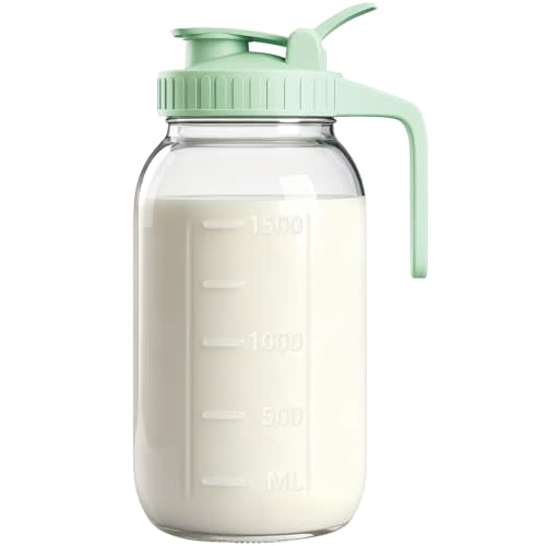 64oz Glass Breast Milk Pitcher with Lid & Pour Spout, 2 Quart Airtight Leakproof BreastMilk Fridge Storage Container - Wide Mouth, Dishwasher Safe Formula Pitcher with Handle