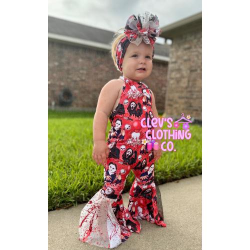 Halloween bell romper - spooky season - favorite horror characters - mesh bells - custom printed - baby toddler kids clothes