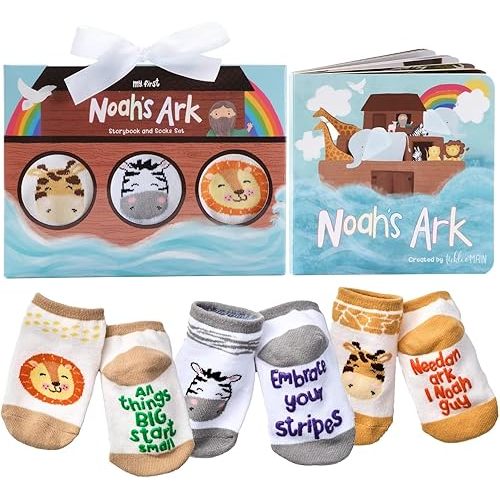 Tickle & Main Noah’s Ark 4-Piece Books for Babies 0-12 Months - Includes Storybook and 3 Pairs of Animal Socks Noah Arc Noahs Ark Book for Baby