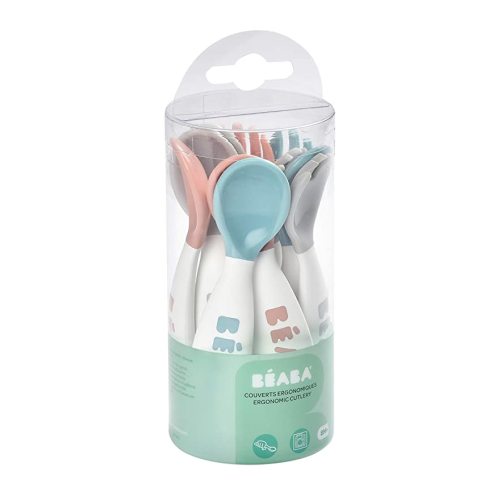 BEABA Toddler Self Feeding Cutlery, Round Soft Tip Design, Toddler Utensils, Baby Fork and Baby Spoon, Set of 10, (Breeze)