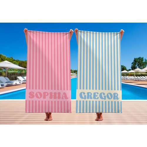 Groovy Striped Personalized Beach Towel, Pool Party Towels, Retro Style Bridesmaid Towel, Birthday Vacation Gift, Swimming Club Towel