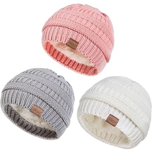 Alepo 3 Pack Baby Beanie Hats for Girls Boys, Soft Warm Fleece Lined Baby Winter Hat for Newborn Infant Toddler Kids
