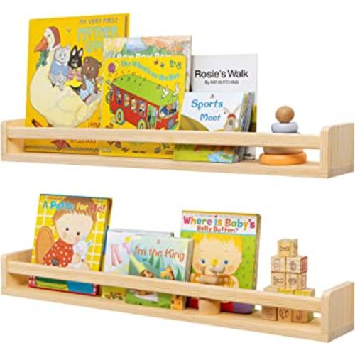 Fun Memories Nursery Book Shelves - Rustic Natural Solid Wood Floating Bookshelf for Kids - Wall Book Shelves for Kids Room (Natural, 32inch - 2P)