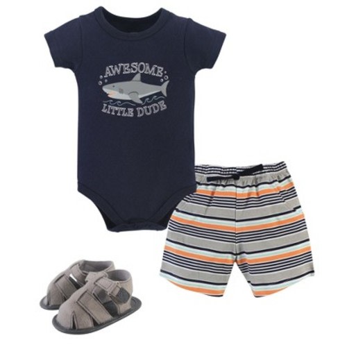 Hudson Baby Infant Boy Cotton Bodysuit, Shorts and Shoe 3pc Set, Shark, Size: 0-3 months