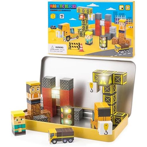 Magnetic Blocks 45 pcs Travel Toys with Light-Up Cubes, Stocking Stuffer Kids Toddler, Christmas Magnet Building Blocks STEM Educational Learning Toy Gift for 3-5 4-8 Year Old Boys Girls -Construction
