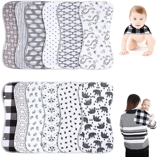 Baby Burp Cloths & Baby Bibs 2-in-1 Design Large Size 3 Layers Thicken 100% Cotton Super Absorbent and Soft Baby Spit Up Burping Rags Baby Burp Cloth Set for Boys and Girls 12 Pack