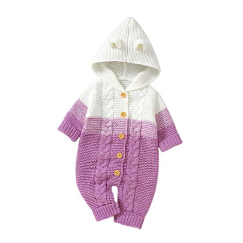 Lenpel Newborn Baby Hooded Jumpsuit Soft Warm Long Sleeve Color Block Knitted Sweater Romper Fall Winter Clothes