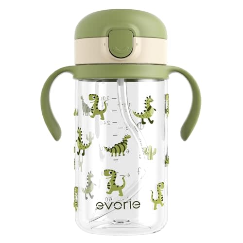 Evorie Tritan Spill Proof Toddler Straw Sippy Cup, 10 oz for Baby and Toddlers 1-3 Years Old, No Spill Straw Water Bottle with Removable Handles, Ideal for School, BPA-Free, Green Dino (New)