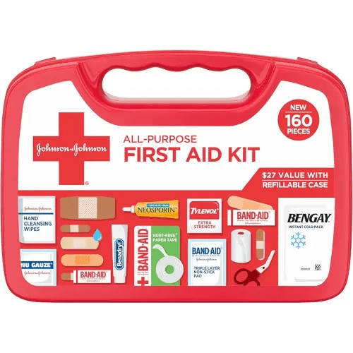 Johnson & Johnson All-Purpose Portable Compact First Aid Kit for Minor Cuts, Scrapes, Sprains & Burns, Ideal for Home, Car, Travel, Camping and Outdoor Emergencies, 160 Pieces