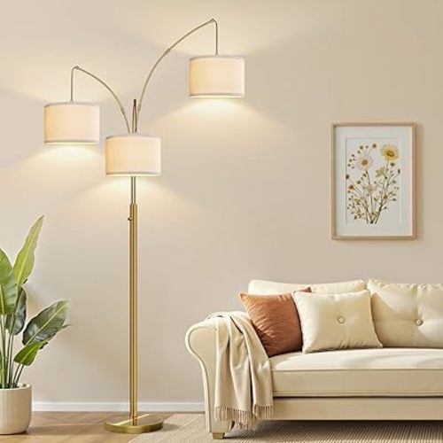 Nintiue Dimmable Floor Lamp - 3 Lights Brass Arc Floor Lamps for Living Room, 1000LM Modern Tall Standing Lamp with Linen Shades, Mid Century Tree Floor Lamp for Bedroom Office, 3 LED Bulbs Included