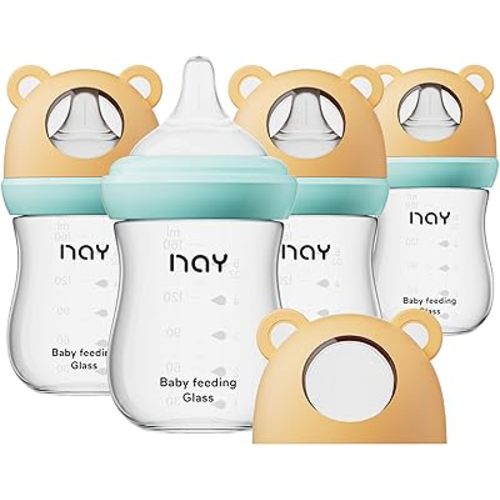 Natural Glass Baby Bottle for Breastfeeding Babies, Newborn Anti-Colic Baby Bottle with Slow Flow Nipples, Clear, Wide Neck (Yellow, 5.4 Ounce (Pack of 4))