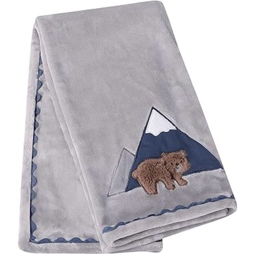Levtex Baby - Emerson Plush Blanket - Appliqued and Embroidered Bear and Mountains on Grey Plush with RIC Rac Trim - Navy, Blue, Grey and Tan - Nursery Accessories - Blanket Size: 30 x 40 in.