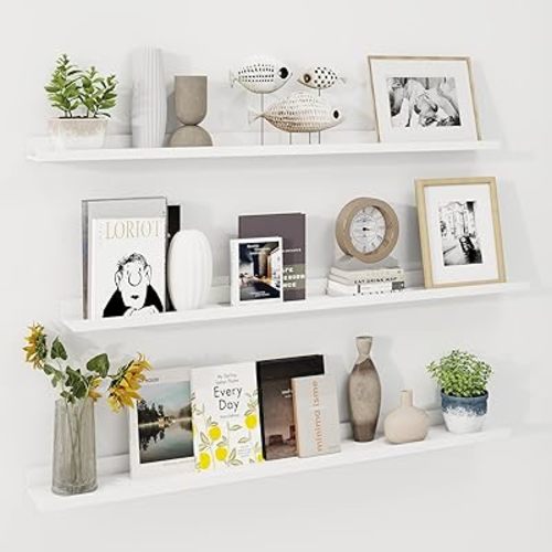 Axeman Picture Ledge Shelf 48 Inch - White Floating Shelves for Wall Set of 3 - Picture Shelf for Wall with Ledge - Long Floating Shelves with Lip - Photo Ledge Nursery Bookshelf