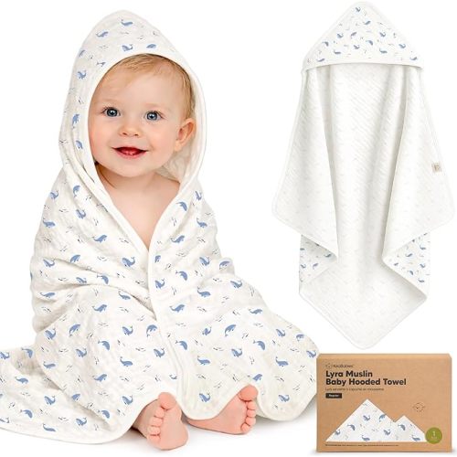 KeaBabies Muslin Baby Bath Towels with Hood for Girls,Boys-Large Organic Cotton Hooded Baby Towels for Newborns,Toddlers,Infant,Kids,Soft Absorbent Newborn Bath Essentials Gift Set(Whale Bay, Regular)