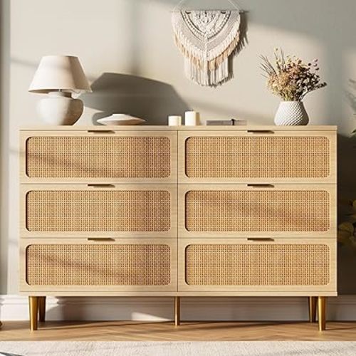 Rattan 6 Drawer Dresser for Bedroom, Large Double Dresser with Deep Drawers, Chest of Drawers for Closet with Wide Top, Long Wooden Dresser for Living Room, Hallway, Kids Room, Natural