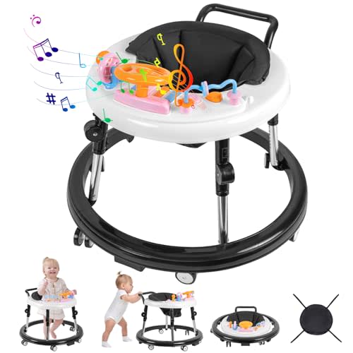 Baby Walker, Foldable 9-Gear Height Adjustable Baby Walker with Wheels, Infant Toddler Walker with Music Disk, Anti-Fall Baby Walkers and Activity Center with Foot Pads for Boys and Girls 6-24 Months