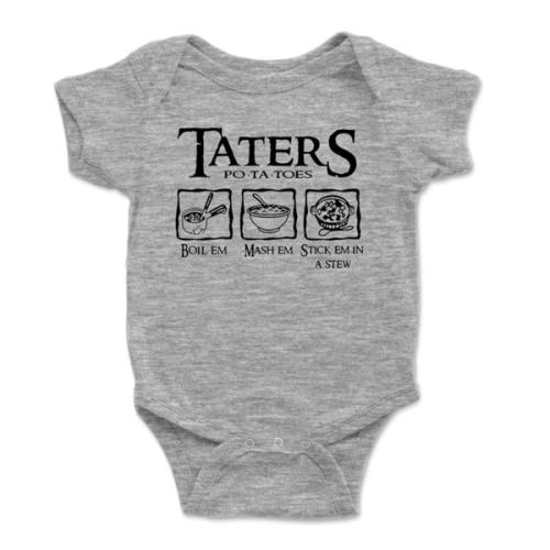 Taters Onesie® - Boil Em Mash Em Stick Em In A Stew - 100% Cotton - Available in White, Heather Gray or Pink (0-3 Month, Heather Gray)