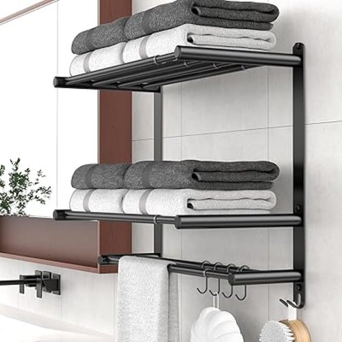 Adjustable 16.9–28" Matte Black Towel Rack for Bathroom SUS304 Stainless Steel 2-Tier Shelf with Extended Bar & 4 Sliding Hooks, Adhesive or Screw Mount, Bathroom/Over-Toilet Organizer