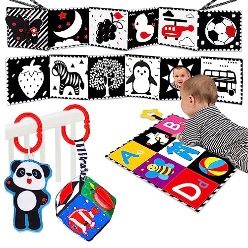 4 PCS Black and White High Contrast Baby Toys 0-3-6 Months Newborn Essential Montessori Toy for Babies Crinkle Sensory Book Brain Development Tummy Time Mirror Infant Carseat Rattle Easter Shower Gift