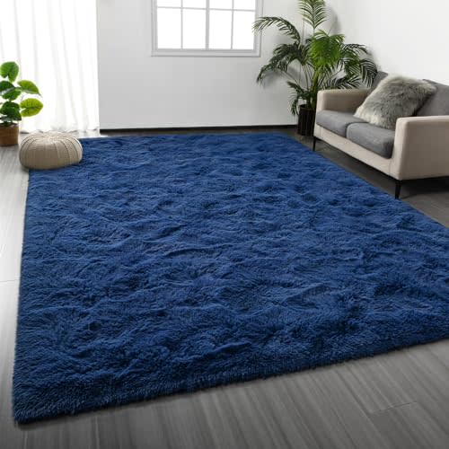 Deerhoo Large Shag Area Rugs 6 x 9, Plush Fuzzy Rugs for Living Room, Ultra Soft Fluffy Furry Rug for Bedroom, Indoor Carpet Nursery Rugs for Kids Room Home Decor, Navy Blue