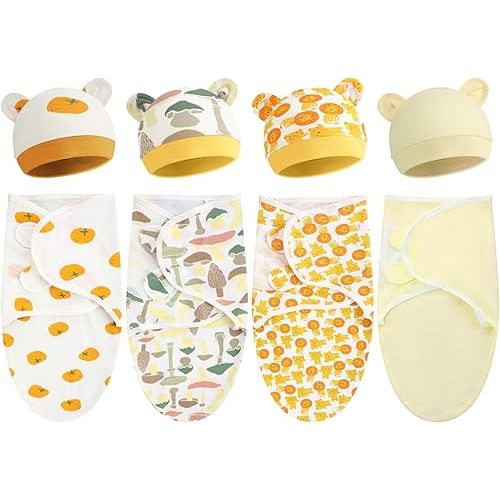 Buryeah 4 Pack Preemie Swaddle Blanket Wrap Set with Hat for Baby Boys Girls 3-7 Lbs Preemie Newborn Clothes Sleepers Cap