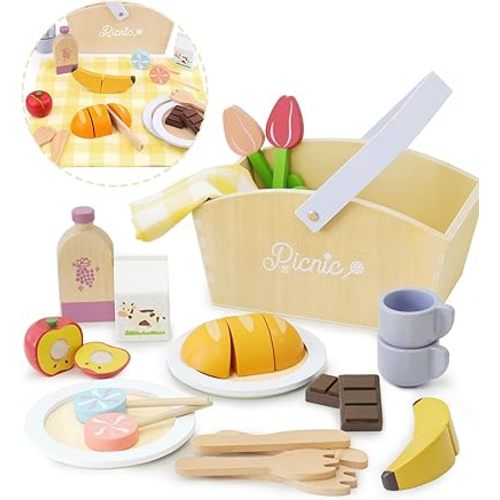 Play Food Sets for Kids Kitchen, Wooden Picnic Basket Playset Toy,Pretend Play Kitchen Food Toy with Cutting Fruits for Toddlers Girls Boys Ages 3+