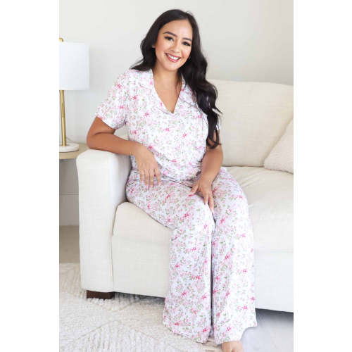 Women's Two Piece Flare Lounge Set in Bows in Bloom White | Caden Lane