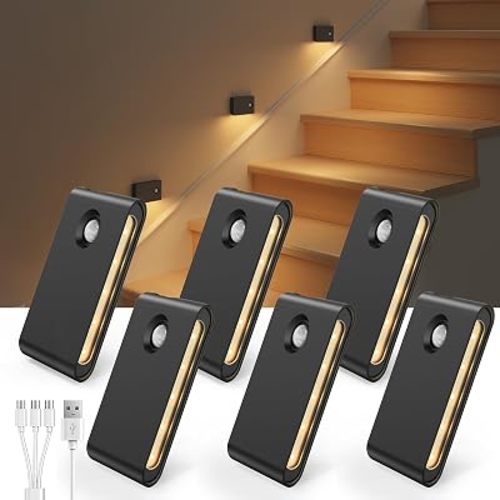 EZVALO 6 Pack Motion Sensor Night Lights, Sync LED Stair Lights Indoor, 1500mAh Rechargeable, Magnetic & Dimmable, 3000K Soft White, Portable Nightlight for Hallway, Stairs, Bathroom, Bedroom (Black)