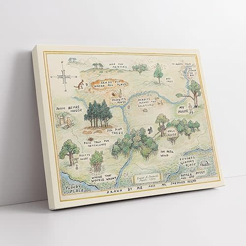 Monem Art Winnie Pooh Canvas - Hundred Acre Woods Map Print - Story Book Art - Gift for Boys, Girls & Parents - Chic Decor for Living Room, Nursery or Kid's Room - Available in 8x10" to 30x40"