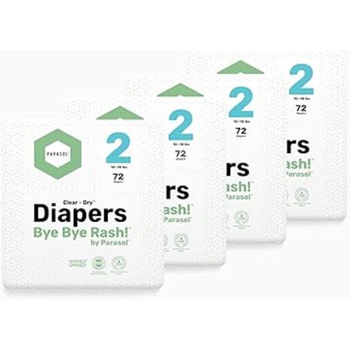 Parasol Clear+Dry Disposable Diapers, RashShield Protection and Leak-Control Fit, Hypoallergenic Diapers, Size 2 (10-18 lbs), 288 Count