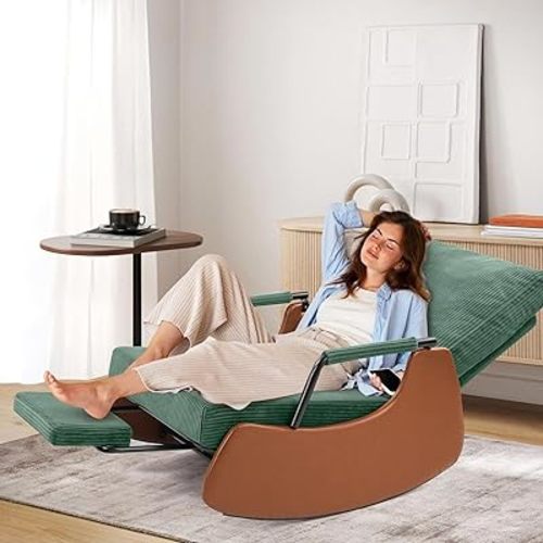 Rocking Chairs with Soft Seat and Headrest, Recliner Chair with Footrest-Glider Rocker Chair Retractable Footrest & Adjustable Backrest Teddy Upholstered Chair for Bedroom/Living Room (Green)