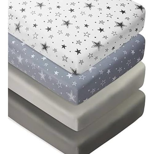 4 Pack Crib Sheets Star and Moon Neutral Unisex Baby Mattress Cover Fitted Crib Sheets Set for Baby Boys or Girls Star