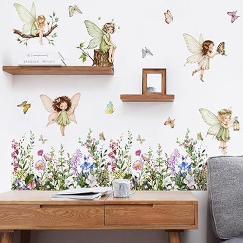 Runtoo Fairy Wall Decals Boho Floral Butterfly Wildflower Wall Stickers Girls Bedroom Baby Nursery Kids Room Decor