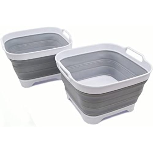 SAMMART 10L (2.64 Gallon) Collapsible Dishpan with Draining Plug - Foldable Washing Basin - Portable Dish Washing Tub - Space Saving Kitchen Storage Tray (2, White/Grey)