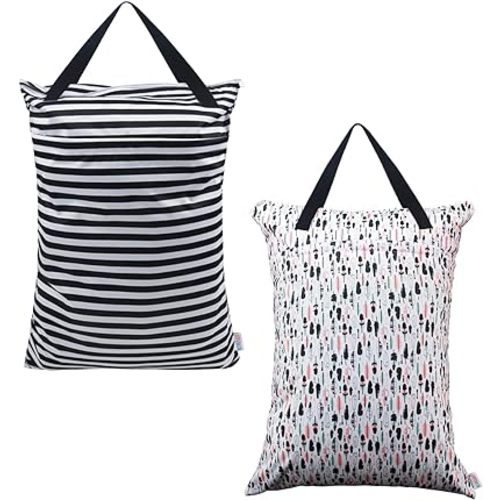 ALVABABY 2 Pack Large Wet Dry Bag Waterproof Hanging Cloth Diaper with Double Zippered Pockets 25x18 inches (Feather & Stripe)