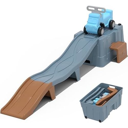 Up & Down Roller Coaster，Kids Ride On Toy，Toddler Push Car with Assembled Race Track & Storage Base Box, Indoor Outdoor Playset