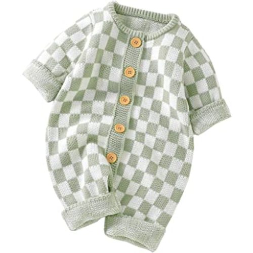 Unisex Baby Girl Boy Knitted Romper Jumpsuit Checkerboard Plaid One Piece Button Down Sweater Playsuit Clothes