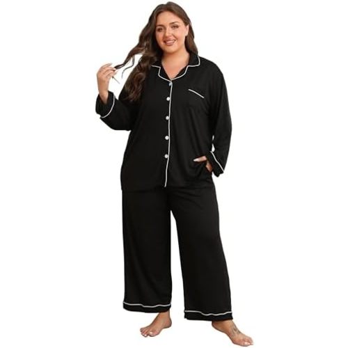 Vozanet Women's Plus Size Pajama Set Button Down Long Sleeve and Pants Lounge Sets with Drawstring and Pockets Sleepwear