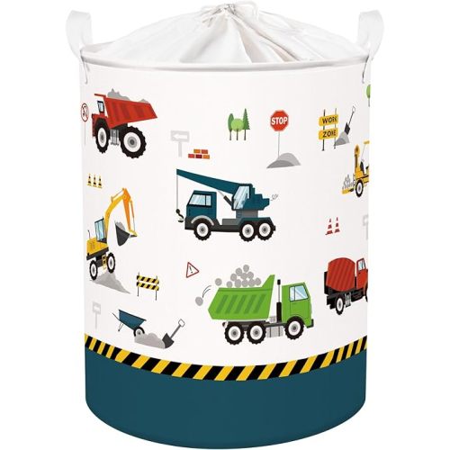 Clastyle Large Construction Truck Kid Laundry Hamper with Handle Boy Bedroom Bathroom Nursery Collapsible Clothes Toy Storage Basket with Lid, Blue Vehicle, 40x50 cm