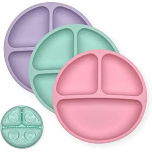 Hippypotamus Toddler Plates with Suction - Baby Plates - 100% Food-Grade Silicone Divided Plates - BPA Free - Dishwasher Safe - Set of 3 (Pink/Mint/Lavender)