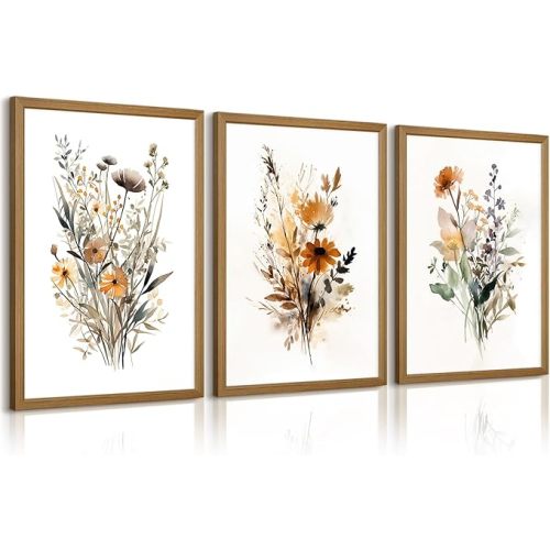 Botanical Wall Art Set of 3 Floral Wall Decor Prints Vintage Canvas Wall Art Wildflower Watercolor Pictures Farmhouse Artwork Floral Modern Painting for Bathroom Bedroom 16x24 Inch Wood Framed