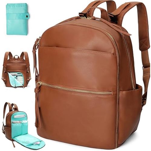 MOMINSIDE Diaper Bag Backpack with 6 Insulated Pockets, Leather Baby Bag for Mom Dad, Baby Registry, 18 Pockets, Changing Pad, Stroller Straps, Wet Dry Bag (Brown)