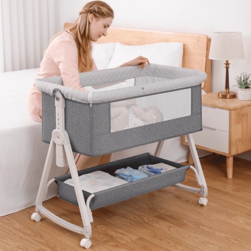 OEIKPFN Baby Bassinet, 3 in 1 Bedside Sleeper with Storage Basket, Easy to Fold Bedside Crib, 0-24 Month, Gray