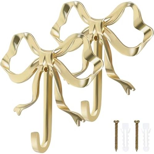 2 Pcs Gold Wall Hook, Coat Hook Bow Knot Hook Hanger for Decor and Hat Towel Clothes Hanging, Multifunctional Brass Hook for Home Use in Bathroom Bedroom Kitchen Living Room (L, 3.6 x 3.5 x 0.8 in)