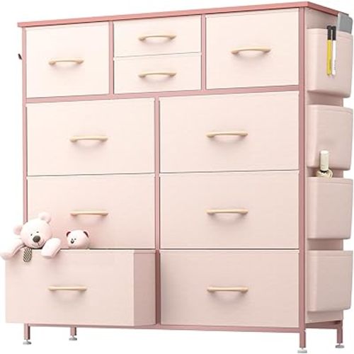 10 Drawer Dresser, Chest of Drawers for Bedroom, Fabric Dresser Drawers with Side Pockets, Hooks, Wooden Top and Sturdy Metal Frame for Living Room, Closet, Hallway (Pink)